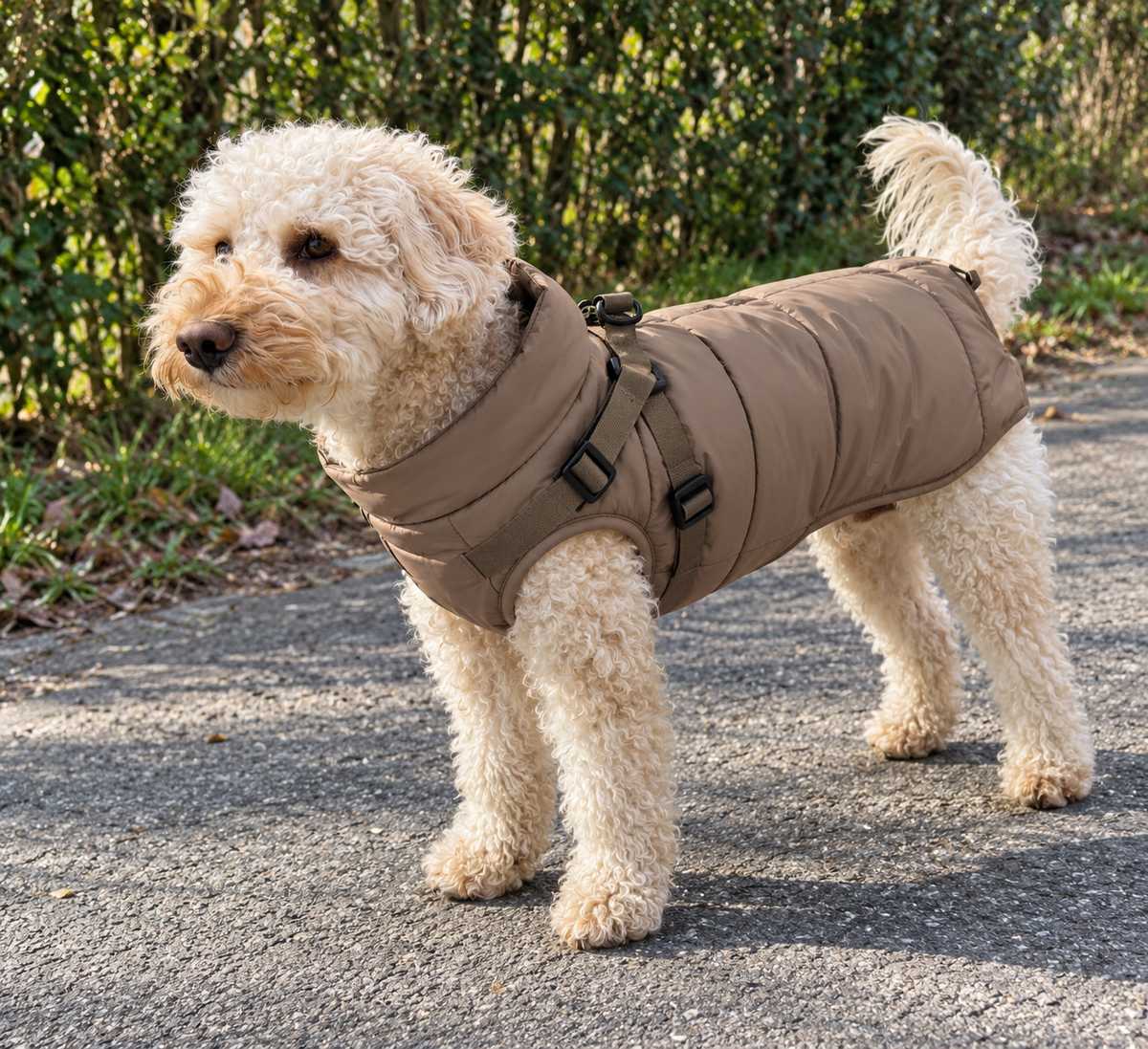 Winterjas hond Heros Taupe met ingebouwd tuigje